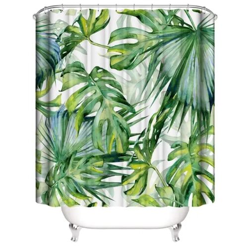 "Bring Nature Indoors: Tropical Green Leaves Plant on White Background Shower Curtains - Odorless and Stylish Bathroom Decor for Showers and Bathtubs, Complete with Hooks"
