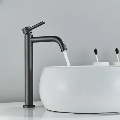Black Basin Faucet: Mixer Tap for Bathroom Washbasin with Hot and Cold Water. Elegant Brushed Gold Finish