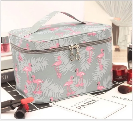 A high-capacity, waterproof travel makeup bag for women. This portable toiletries organizer features a zipper for convenient storage and is perfect for beauty essentials.