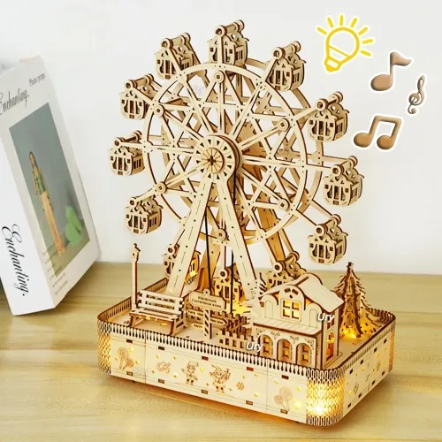 "Ury 3D Wooden Puzzles with LED Rotatable Ferris Wheel, Music Octave Box Model – Mechanical Kit for Assembly, Decor, and DIY Toy Gift for Kids and Adults"