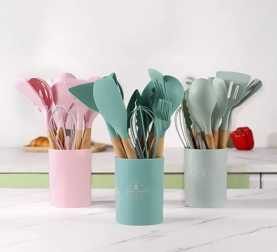 12-piece silicone kitchen utensil set with wooden handles, includes a storage bucket. Spatulas are high-temperature resistant and non-stick.
