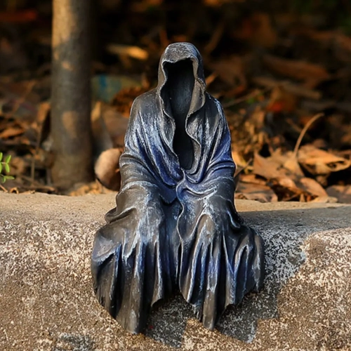 "Reaping Solace: The Creeper Reaper Sitting Statue - Gothic Desktop Decor in Black Resin, Perfect for Home Room Ornamentation."