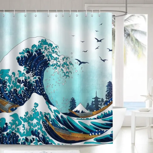 Japanese-Inspired Shower Curtain: Koi Fish, Cherry Blossom, Sun, Sea Wave, and Octopus Landscape. Elevate Bathroom Decor with Polyester Fabric Curtains.