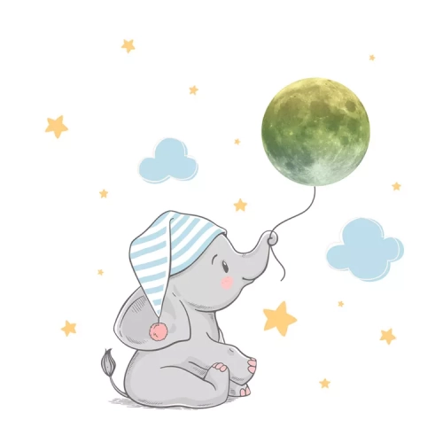 Luminous Baby Elephant Moon Wall Sticker for Baby Kids Room - Glows in the Dark. Bedroom Home Decoration Decals with a combination of stickers.