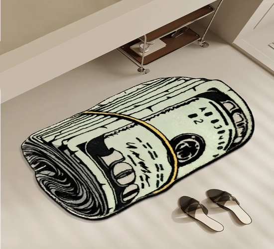 Unique Money-Theme Carpet: Cozy and Soft for Bedrooms, Y2K Bedside Rugs, Living Room Décor, and US Dollar Rug. Also, a Dry Absorbent Bathroom Door Mat.