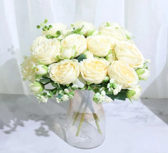 Beautiful Rose and Peony Artificial Silk Flowers: Small White Bouquet for Winter Wedding, Home Party, and Decorations - Fake Flowers