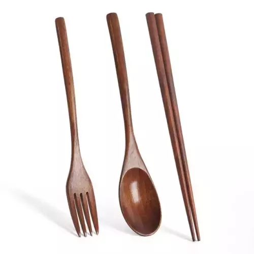 Handmade Natural Wood Dinnerware Set - 3 Pieces: Spoon, Chopsticks, Fork - Portable Tableware for Household Kitchen, with Grain Pattern
