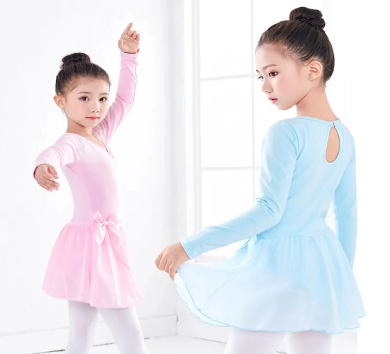 Kids Girl Ballet Gymnastics Leotard Dress with Performance Long/Short Sleeve, Dance Leotard Dancewear Clothes featuring Chiffon Tie