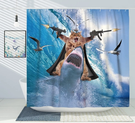 Quirky Kids' Bathroom Decor: Whimsical Sea Cat Riding Shark Whale Cartoon Shower Curtain with Polyester Fabric and Hooks.