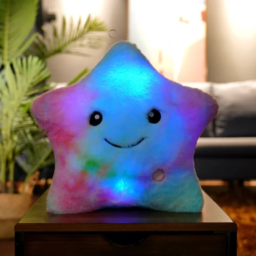 Luminous Star Pillow: Creative 24 x 22cm Stuffed Plush Cushion with Glowing Colorful Stars, LED Light, and Playful Design – Perfect Gift for Kids and Children.