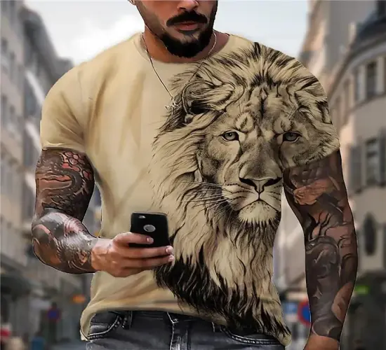 Summer Men's Oversized 3D Lion Fight T-Shirt in Black & White