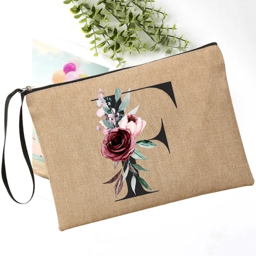 Personalized Floral Letter Clutch Custom Name Embossed on Linen, Perfect for Travel Organization. Simple and Elegant Wristlet Bag for Lipstick and Essentials.