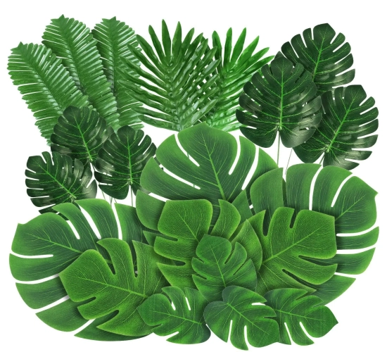 21-Piece Tropical Palm, Monstera, and Silk Turtle Leaves Set for Hawaiian Luau, Beach Wedding, and Summer Party Decor at Home.