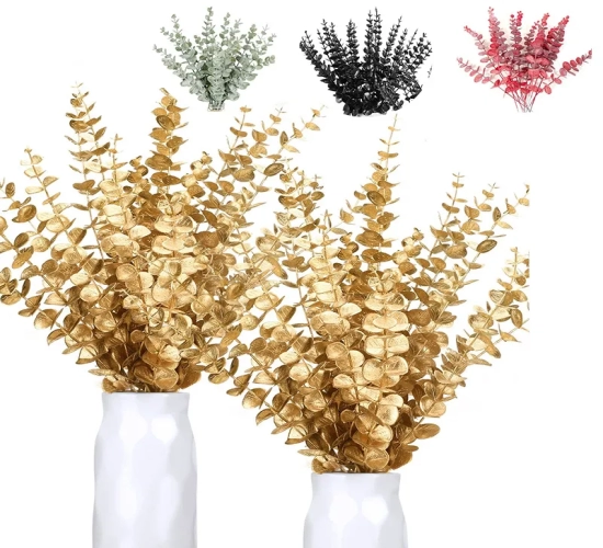 Set of 10 Gold Eucalyptus Leaf Artificial Plants Ideal for DIY Christmas Decor, Fake Plant Flower Bouquets, Ornaments for Home, Garden, Party, and Wedding Decorations.