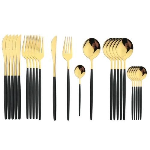 24-piece stainless steel cutlery set with black and golden handles. Ideal for festivals, kitchen use, or as a stylish dinnerware gift.