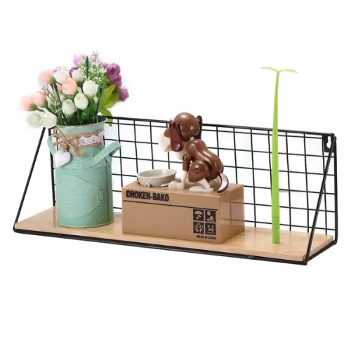 Wooden & Iron Wall Shelf Organizer for Home & Kitchen Supplies - Hanging Storage Cabinet for Bathroom, Bamboo Bowl