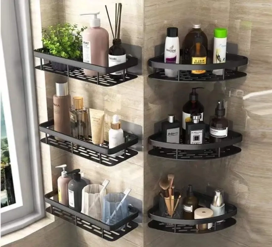 No-drill corner shelf for bathroom storage. Mounts on the wall, ideal for shampoo and WC essentials. Organize your bathroom accessories easily.