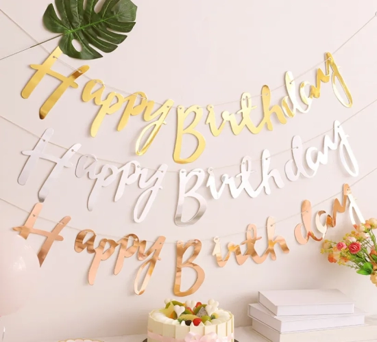 Golden Happy Birthday Banner Party Decoration for Birthdays, Weddings, Baby Showers. Suitable for 1st Birthday Celebrations for Boys and Girls.