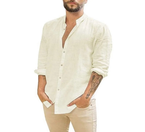 Hot Sale Men's Summer Long-Sleeved Shirts in Cotton Linen, Solid Color, Stand-Up Collar, Casual Beach Style, Plus Size Options