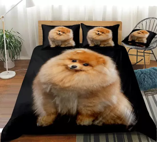 3D Pomeranian Duvet Cover Set Adorable Dog Bedding for Kids, Boys, Girls; Pet Quilt Cover in Black Queen Size; Animal Home Textiles for Dropship