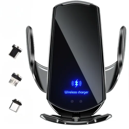 30W automatic car wireless charger for iPhone 15, 14, 13, 12, 11, X, 8, Samsung S22, S21. Features magnetic USB and infrared sensor for convenient phone mounting.