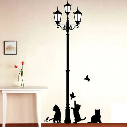 Charming Ancient Lamp Cats and Birds Wall Sticker: Creative DIY Cartoon Wall Mural for Kids' Room Decor and Home Wallpaper
