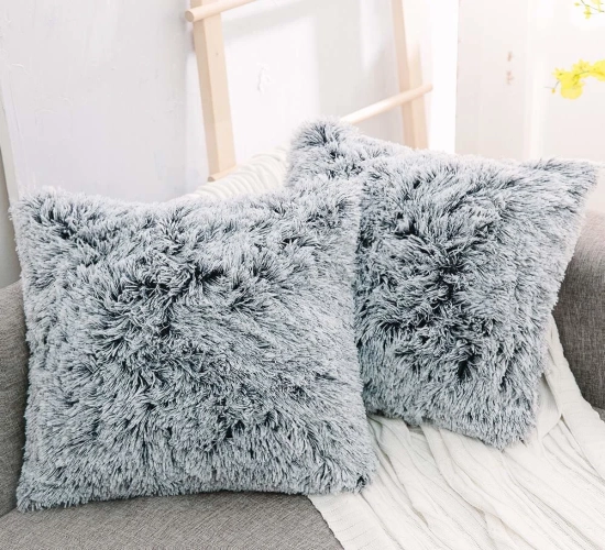 Soft Plush Pillowcase for Living Room Sofa Decor - White and Grey Decorative Cushion Cover (43x43cm)