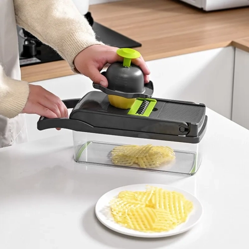 "Green and Black 12-in-1 Vegetable Slicer Cutter: Multifunctional Shredders with Basket, Perfect for Fruit, Potato, Carrot, and More!"