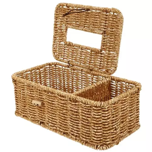 Hand-Woven Rattan Wicker Napkin Cover with Removable Tissue Box - Desk Paper Towel Holder and Facial Tissue Dispenser Basket
