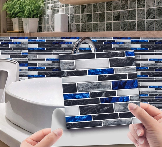 10 Flat Marble Mosaic Tiles Sticker: Peel & Stick, Waterproof Wall Decals for Kitchen, Bathroom. Create Tile Art with Wallpaper.