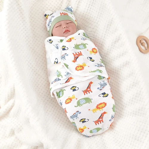 Adjustable Cotton Newborn Sleeping Bag - Baby Swaddle Wrap with a matching hat set, designed to be anti-kick and provide a warm and soft blanket for a comfortable sleep experience.