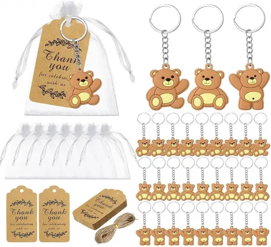Adorable Bear Keychain Baby Shower Favors Set: 10/20/50pcs with Organza Bags, Thank You Kraft Tags - Perfect Gifts for Guests at Kids' Birthday Parties and Baby Showers!