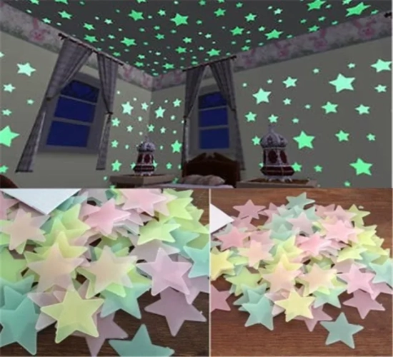 Glow-In-The-Dark 3D Stars Wall Stickers: Luminous Fluorescent Decor for Kids' Baby Room, Bedroom, Ceiling, and Home Decor.