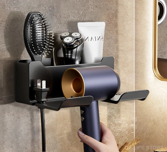 Bathroom Organizer Wall-Mounted Hair Dryer Holder Shelf, No Drilling Required, Plastic Hair Dryer Stand.