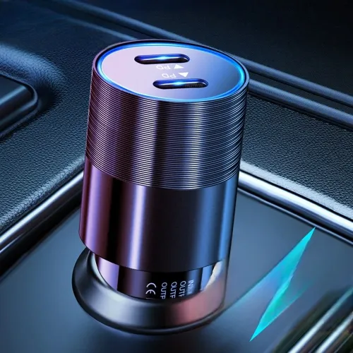 68W dual USB Type C car charger for fast charging in the car, compatible with iPhone 13, 12, and other cellphones.