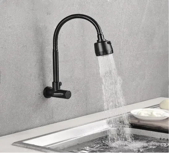 Stainless Steel Wall-Mounted Kitchen Faucet with Flexible Hose, Cold Water Two Modes Tap, G1/2 Inch Thread, for Sink - Baokemo