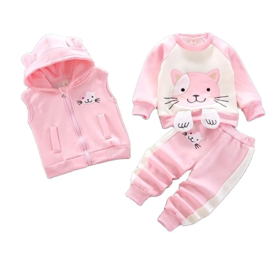 2021 New Cartoon Bear Vest Top and Pants Set for Boys and Girls - Thicken Plush Warm 3-Piece Children Set, Ideal for Keeping Kids Cozy in Cold Weather. A Must-Have for Baby Clothing