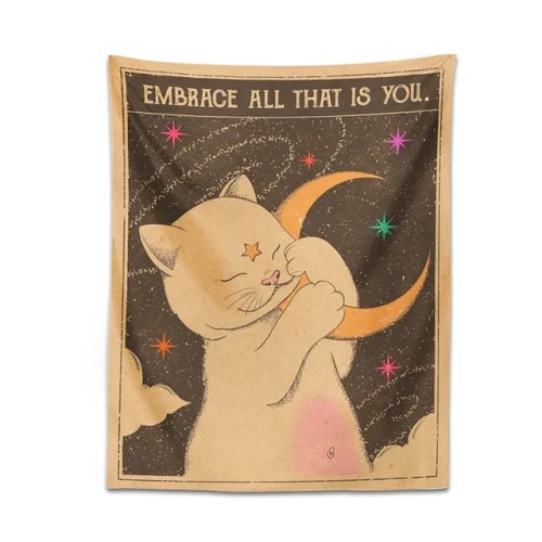 Bohemian home decor: Sun, moon, and tarot cat tapestry for witchcraft vibes. Hippie bedroom decor with a cosmic message: "You are a child of the universe."
