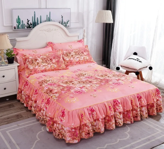 3-Piece Bedding Set: Lace-Trimmed Elastic Fitted Double Bedspread with Pillowcases and Mattress Cover. Suitable for King-Size Bedsheets