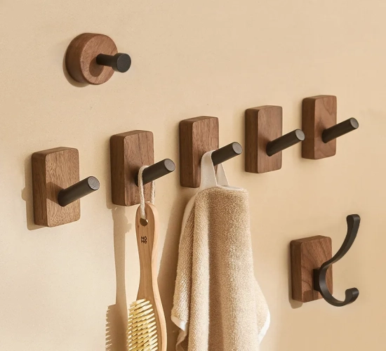 New Simple Solid Wood Hook: Walnut Hanging Hanger for Bathroom Wall, Bedroom Coat Storage Rack – Home Towel, Key, and Decoration Hook with a Stylish Touch."