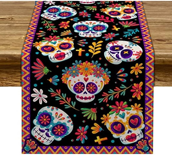 Day of The Dead Linen Table Runners: Kitchen Dining Table Decor featuring Sugar Skulls - Ideal Table Runners for Dining Table and Party Decor, adding a festive touch to your celebrations