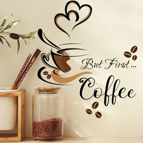 Coffee Cup Pattern Wall Stickers Creative Decor for Cafe and Living Room, Cabinet Art with English Home Decoration, Self-adhesive Wallpaper Design