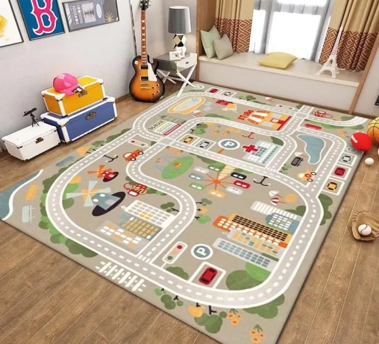 Thickened Flannel Carpet: Cartoon Road Play Mat for Living Room and Children's Bedroom Decor with Soft Tatami Carpets and Non-slip Features.