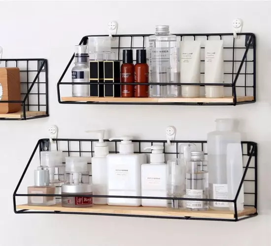 Wooden & Iron Wall Shelf Organizer for Home & Kitchen Supplies - Hanging Storage Cabinet for Bathroom, Bamboo Bowl