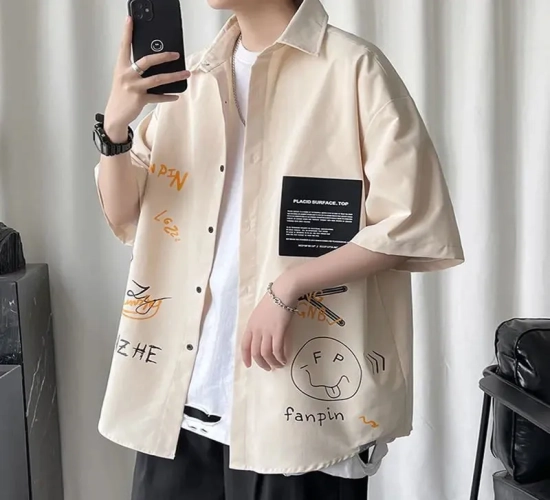 Spring/Summer Men's Shirt: Half Sleeve, Single Breasted, Graffiti Oversized Shirts in Korean Style Fashion. Perfect for a Harajuku-inspired Men's Clothing Look.