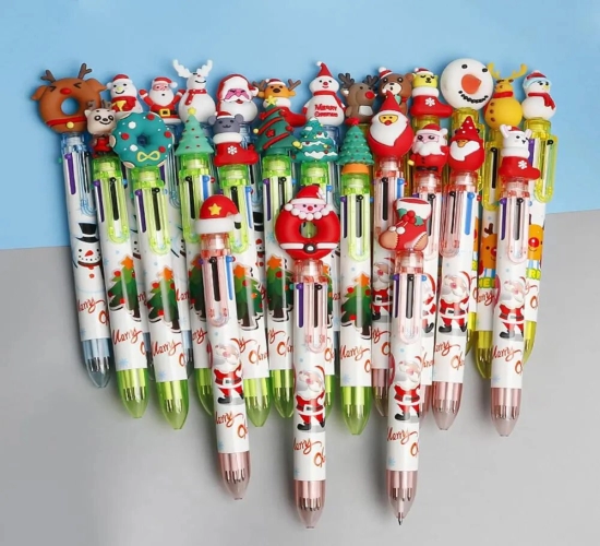 Colorful cartoon pen featuring Santa Claus, Xmas tree, and deer designs. A festive ballpoint pen, perfect as Merry Christmas gifts. Ideal for office, school, and stationery lovers