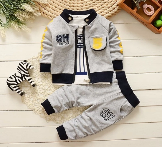 Spring, Autumn, and Winter Ready! This 3-piece Children's Clothing Set includes a Warm Baby Boys Jacket, Pants, and a coordinating top. Perfect for Child Training in Style."