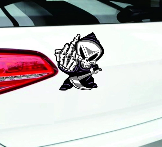"Skull Middle Finger Car Sticker: 18*14cm Decal for Car Window Decoration and a Touch of Humorous Attitude"