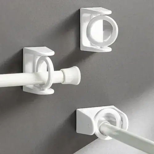360° Rotatable Retractable Pole Fixator with Strong Adhesive Hooks: Towel Rod and Shower Curtain Rod Bracket for Non-drilling Installation.
