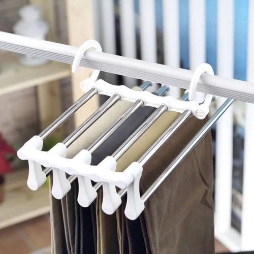 5-in-1 stainless steel trouser rack for folding pants, ties, and organizing shelves in the bedroom closet.